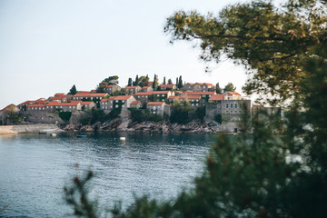 Beautiful view of the island of Sveti Stefan or Sveti Stefan in Montenegro. One of the famous sights of Montenegro.