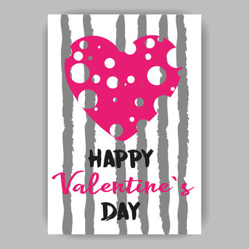Valentine's day white card with gray stripes and pink heart with holes