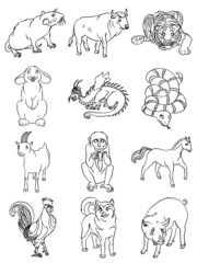 Obraz premium Twelve funny animals of the Chinese horoscope