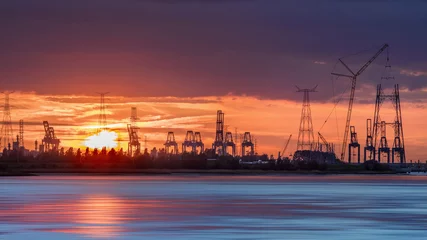 Keuken spatwand met foto Riverbank with silhouettes of container terminal cranes during an orange colored sunset, Port of Antwerp, Belgium. © tonyv3112