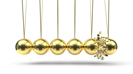 Newton's Cradle with gold balls. breaking moment. 3d illustration