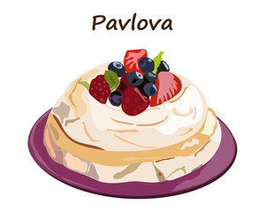 Pavlova meringue cake  . Hand drawn style cake isolated illustration. Bakery  food with berries. Sweet dessert tasty treat vector illustration.