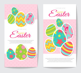 two Easter cards with painted eggs in stars, circles, stripes, rings, green, pink, yellow blue
