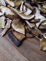 Dried mushrooms for food preparation and cooking, kitchen spices.