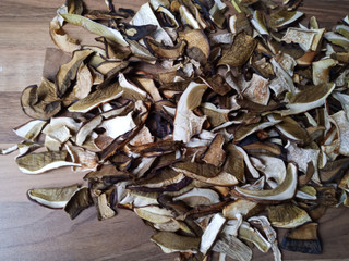 Dried mushrooms for food preparation and cooking, kitchen spices.