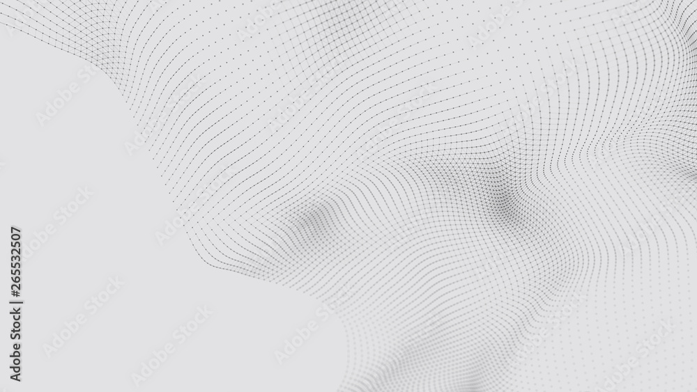 Poster A wave of particles. Futuristic dot wave on white background. Dynamic wave. Wave 3d