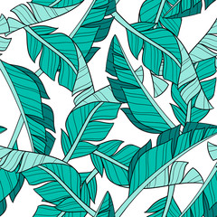 Hand drawn banana leaves. Seamless vector pattern on white background. Perfect for fabric, wallpaper or wrapping paper.