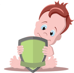 a child with blue eyes sits and holds a shield in his hands.