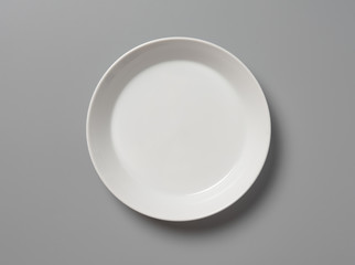 Top view empty white plate on grey background with shadow