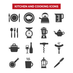 Kitchen and cooking icons set on white background.