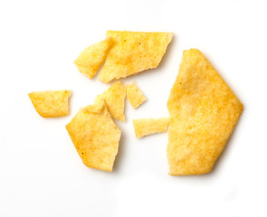 broken potato chips isolated on white background