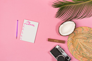 summer plan, camera, hat,  on a pink background top view