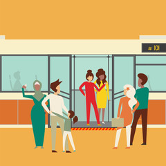 Flat editable vector illustration, clip art of people man and woman expect, go in and out public transport, metro, bus, train. Travelling millennials.