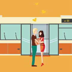 Flat editable vector illustration, clip art of public transport, metro, bus, train with open doors with people who love, people in love, man and woman, boy and girl, gift box.