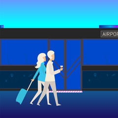 Flat editable vector illustration, clip art of public transport, metro, bus, train with closed doors and people man and woman. 
