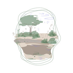 Savannah landscape in the frame of the lines. Flat style, colorful vector illustration.