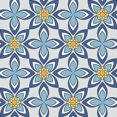 Seamless vector geometric floral pattern with flowers and leaves in pastel blue colors on light background. Colorful ornament with asian motif