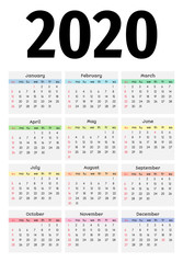 Calendar for 2020 isolated on a white background