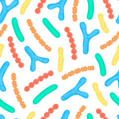 Seamless pattern with probiotics. Bifidobacterium, lactobacillus, streptococcus thermophilus, lactococcus, propionibacterium. Medicine or dietary supplements for gastrointestinal health. Vector, eps10