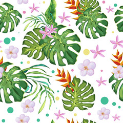 summer pattern with tropical leaves and green, pink flowers