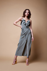 Pretty beautiful sexy elegance woman skin tan body fashion model glamor pose wear trend dress...