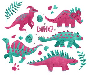 Hand drawn dinosaurs set and tropical leaves. Cute funny cartoon dino collection. Hand drawn set for kids design. illustration. Triceratops, Ankylosaurus, Stegosaurus, Parasaurolopus