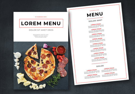 Restaurant Menu with Red Accents and Pizza Photo
