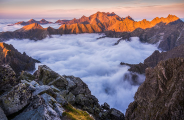 Mountains Landscape with Inversion in the Valley at Sunset as seen From Rysy Peak in High Tatras,...