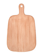 Wooden cutting board with handle for preparing and serving foods. One single object, top view. Handdrawn watercolour graphic drawing on white backdrop, cut out clip art element for design decoration.