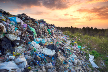 Mountains of garbage on the landfill. - obrazy, fototapety, plakaty