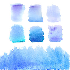 Vector set of abstract blue watercolor stains and border. Hand drawn illustration with paper texture. - 265537708