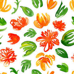 Vector hand drawn watercolor background with colorful red and yellow flowers and green leaves. Seamless floral pattern. - 265537721