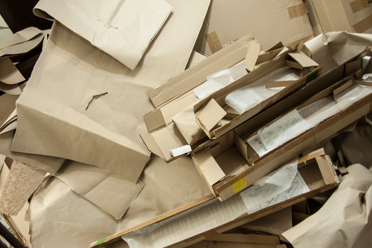 Various cardboard boxes. Waste production. Paper packaging. Recycling paper. Ecology and environment protection. Background image.