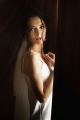 Portrait of beautiful bride at home. Woman stand by the window in wedding dress