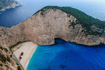 Zakynthos shipwreck beach on a clear sunny day with no people or boats.
