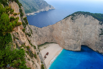 Zakynthos shipwreck beach on a clear sunny day with no people or boats.