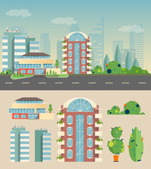 city red house, shrubs and trees in flat style