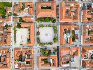 Karlovac city center, inside six-pointed star-shaped Renaissance fortress built against Ottomans, Croatia. Regular orthogonal planning and logical street layout of ideal town