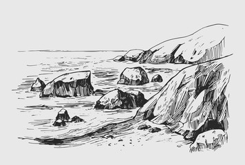 Sea sketch with rocks and mountains. Hand drawn illustration converted to vector