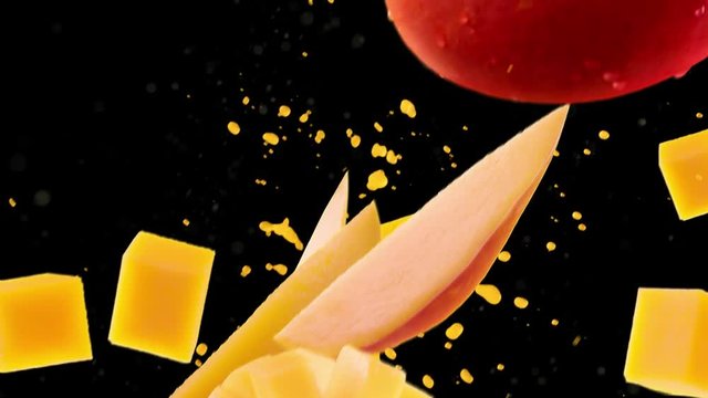 Mango with Slices Falling on Black Background