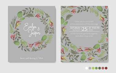Obraz premium Green vector wreath frame flowers and leaves.Branches, brunia, eucalyptus, leucadendron, gaultheria, salal, jatropha. Botanical green on graybackground. For wedding, semicircular
