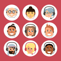Fototapeta premium Set of cartoon avatars of men and women of different nationalities and ages with a headset