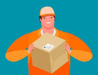 Business delivery. Courier hands a parcel. Cartoon vector illustration
