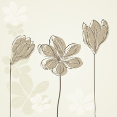 three crocuses painted in a graphic with flowers in the background in the form of silhouettes
