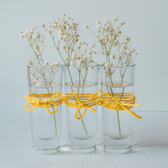 floral decoration: three small glass vases with white flowers; gypsophila on a blue background; yellow canvas bows