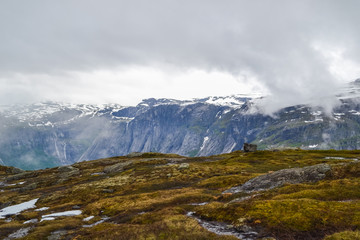 Trolltunga hike, Lake Ringedalsvatnet, Norway, Beautiful scandinavian landscape, Scandianavia, summer nature. Hike starts from Odda town