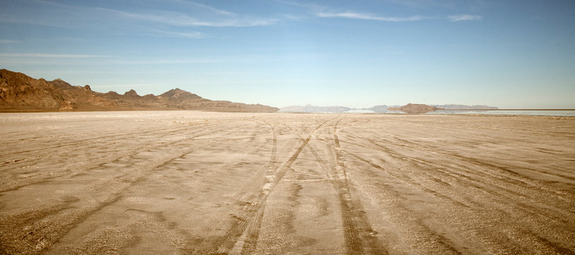 Tire tracks in Bonnaville Salt Flats, Utah, United States