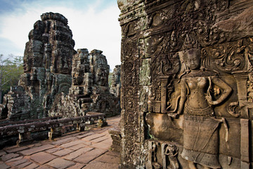Ornate stone carvings on walls, Angkor, Cambodia