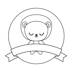 cute lion animal with ribbon in frame circular
