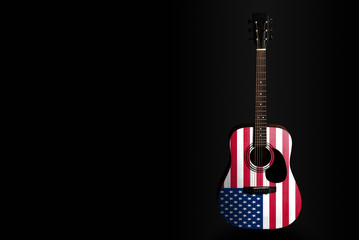 Acoustic concert guitar with a drawn flag usa, on a dark background, as a symbol of national creativity or folk song.